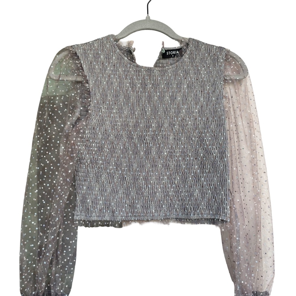 Storia Smocked Grey Dot Tulle Puff Sleeve Top